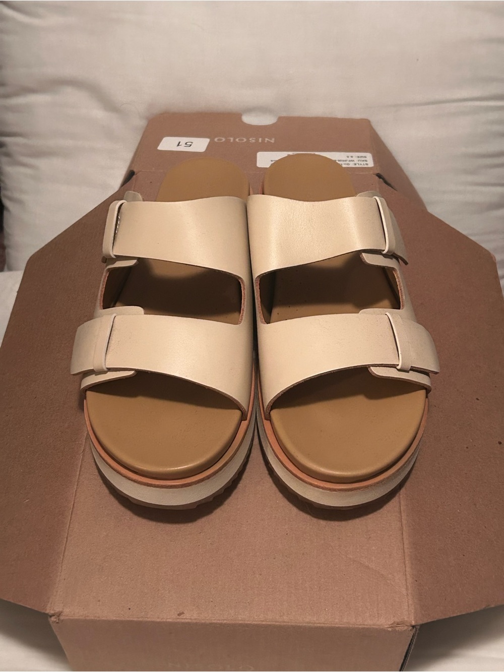 Nisolo Cream Double-Strap Slide Sandals with Layered Sole